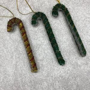 Vintage Beaded 4" Candy Cane Christmas Ornaments Green  & Gold w/ Red Stripes